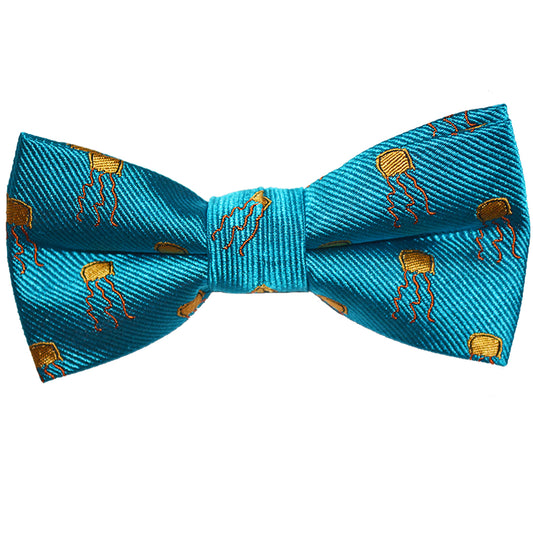 Jellyfish Bow Tie - Yellow on Sea Blue, Woven Silk, Pre-Tied for Kids - SummerTies