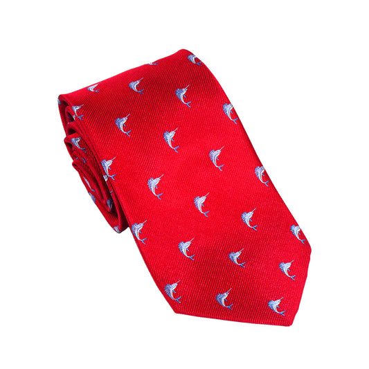 Marlin Necktie - Blue on Red, Woven Silk - SummerTies