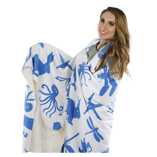 Multi Creature Fleece Blanket - Blue on White - SummerTies