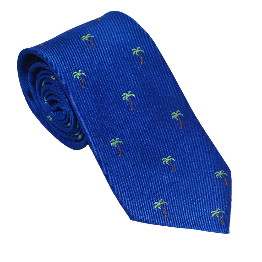 Palm Tree Necktie - Blue, Woven Silk - SummerTies
