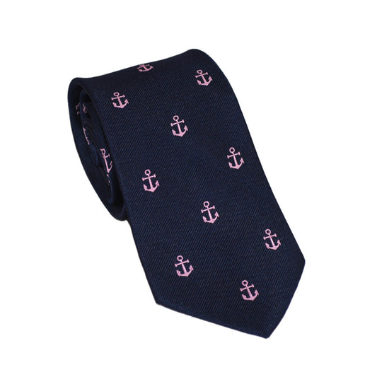 Anchor Necktie - Pink on Navy, Woven Silk - SummerTies