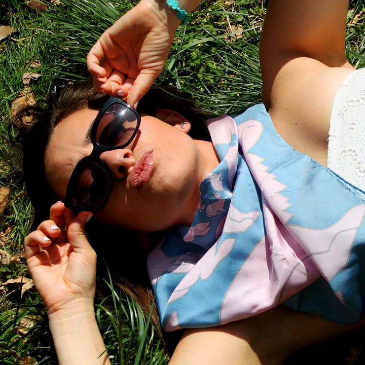 Rabbit Square Scarf - Pink on Blue - SummerTies