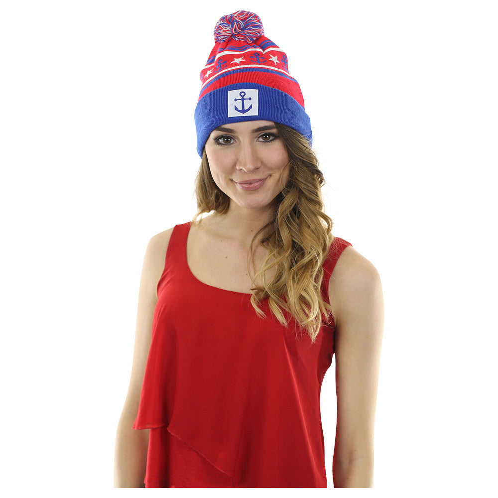 Anchor Winter Hat - Red, White, Blue with White Anchor Patch - SummerTies
