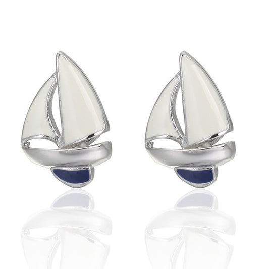 Sailboat Cufflinks - 3D, White, Blue, Silver - SummerTies