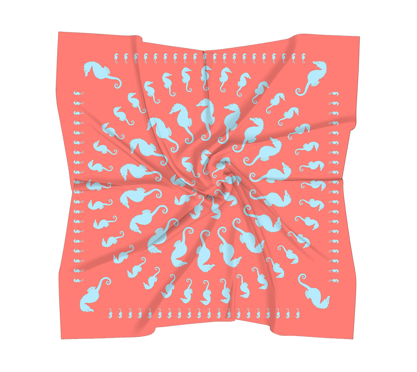 Seahorse Square Scarf - Light Blue On Coral