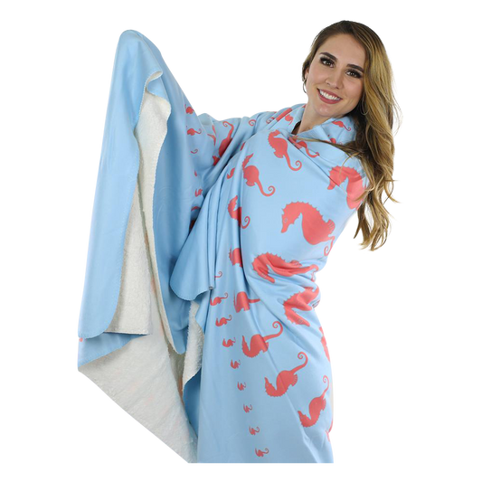 Seahorse Fleece Blanket - Coral on Blue - SummerTies