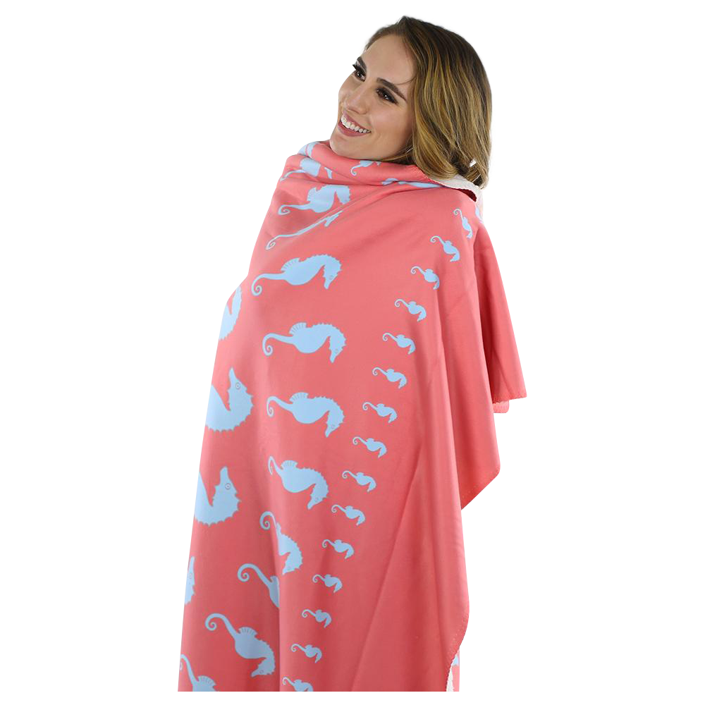 Seahorse Fleece Blanket - Blue on Coral - SummerTies