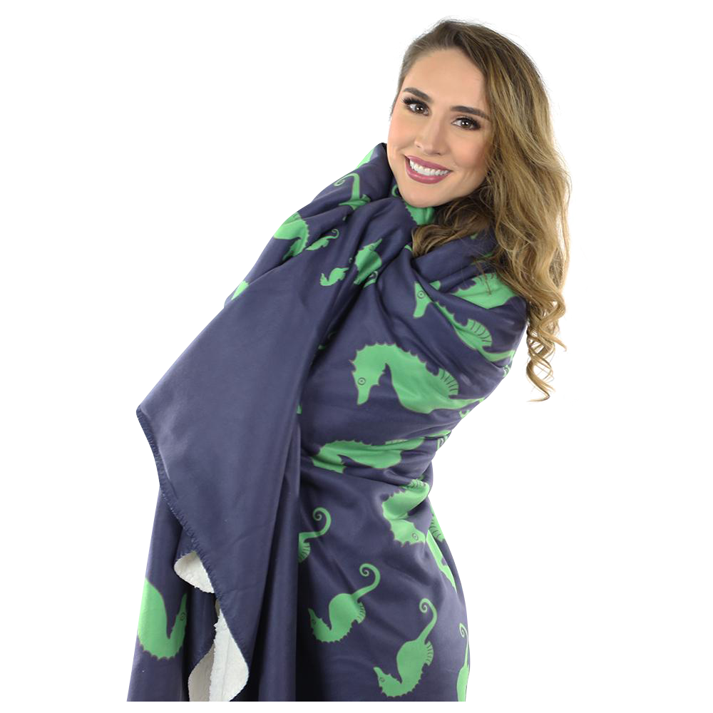 Seahorse Fleece Blanket - Green on Navy - SummerTies