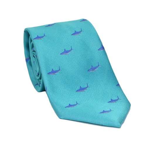 Shark Necktie - Blue on Aqua, Woven Silk - SummerTies