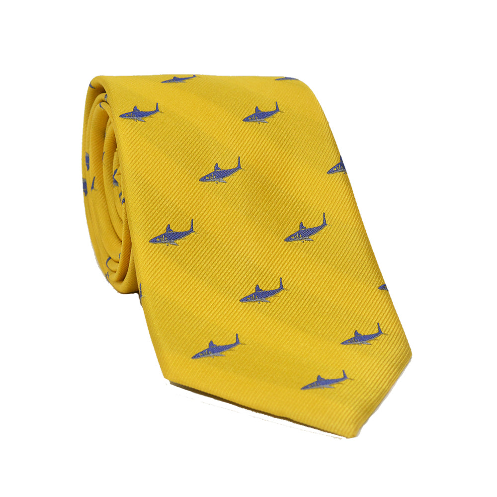 Shark Necktie - Blue on Yellow, Woven Silk - SummerTies