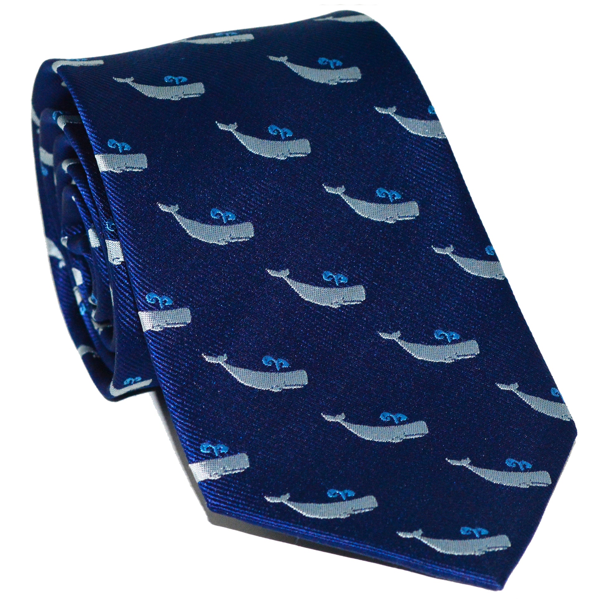 Sperm Whale Necktie - Grey on Navy, Woven Silk - SummerTies