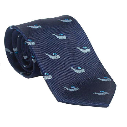 Sperm Whale Necktie - Grey on Navy, Woven Silk - Spread - SummerTies
