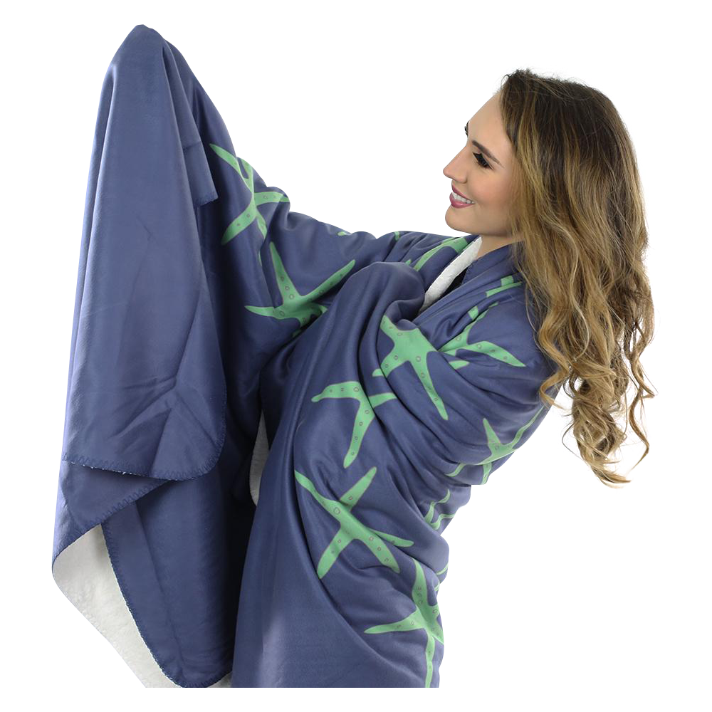 Starfish Fleece Blanket - Green on Navy - SummerTies