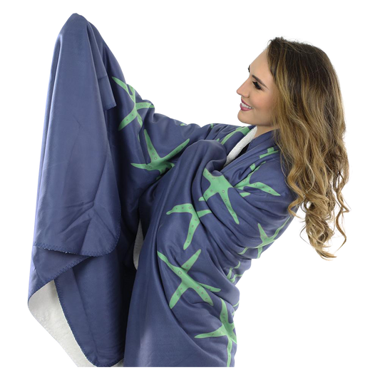 Starfish Fleece Blanket - Green on Navy - SummerTies