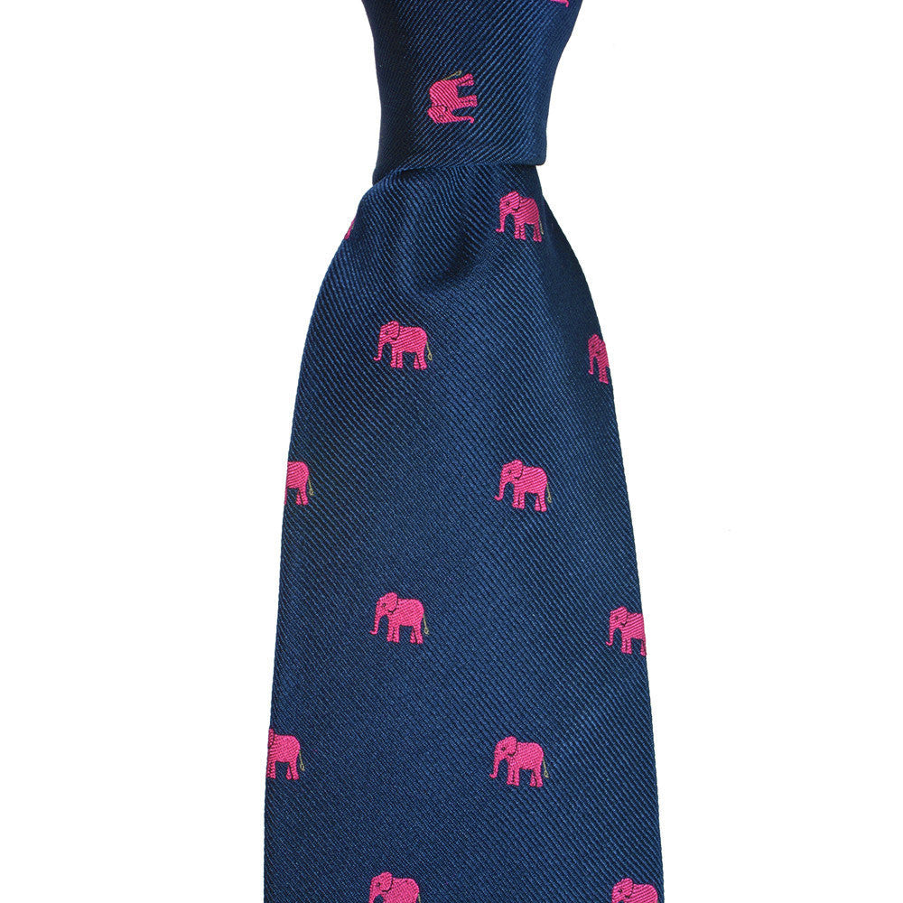 Elephant Necktie - Pink on Navy, Woven Silk - Spread - SummerTies