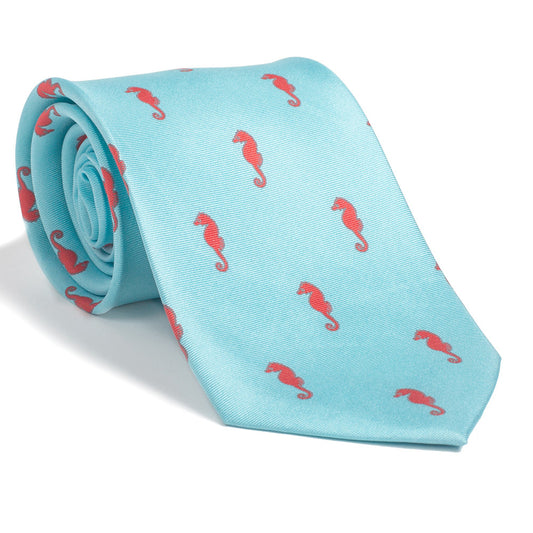 Seahorse Necktie - Blue, Printed Silk - SummerTies