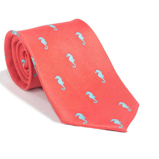 Seahorse Necktie - Coral Pink, Printed Silk - SummerTies