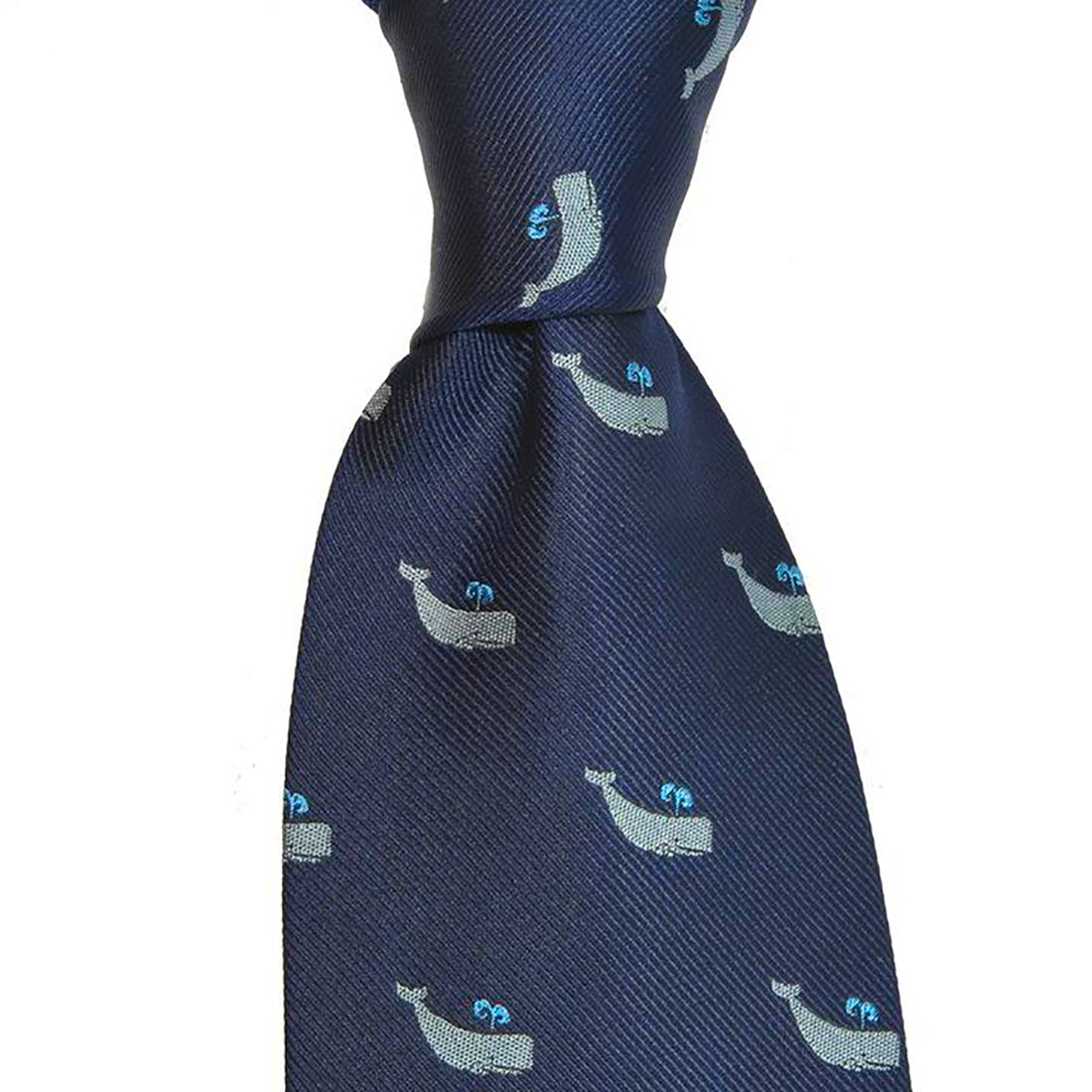 Sperm Whale Necktie - Grey on Navy, Woven Silk - Spread - SummerTies