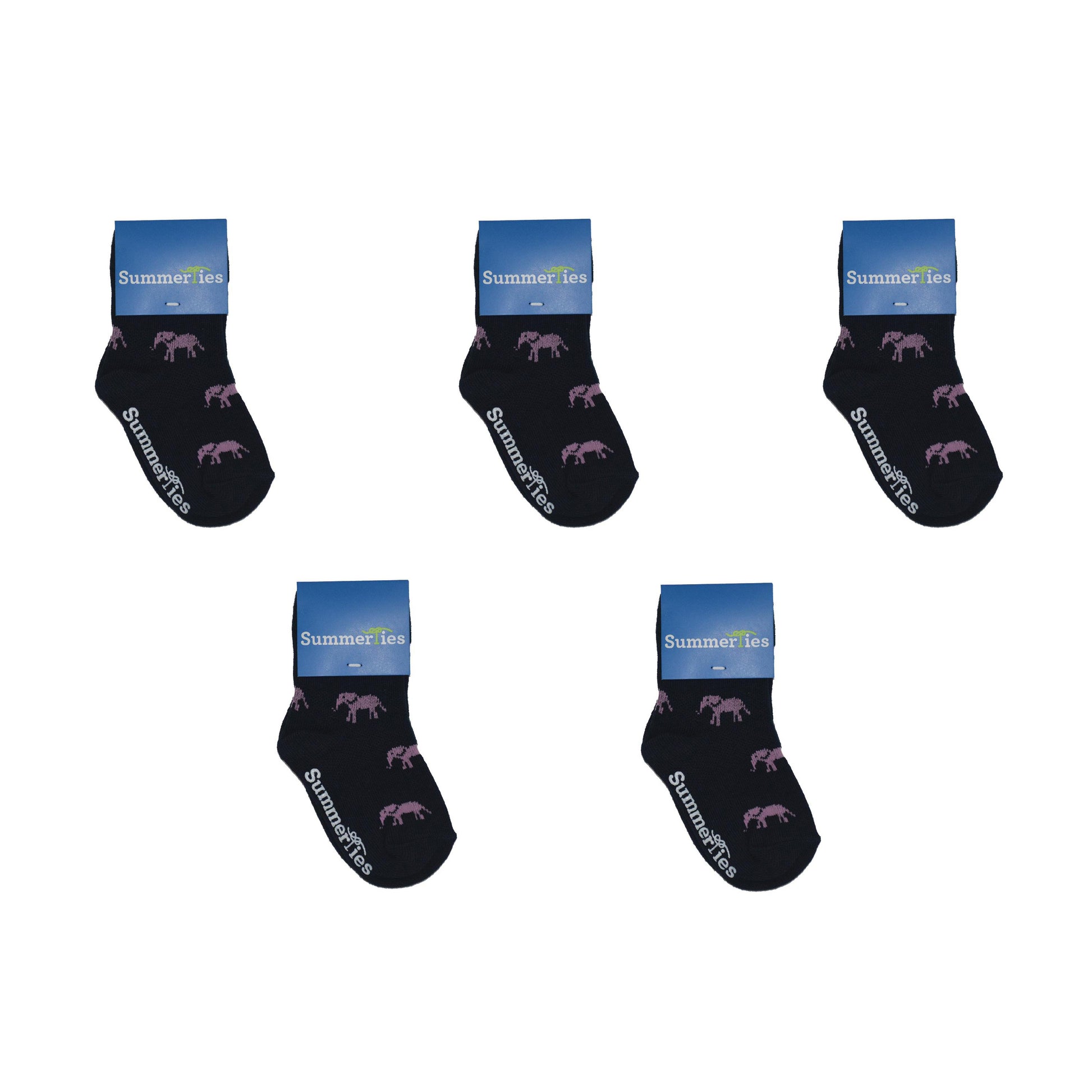 Elephant Socks - Toddler Crew Sock - Pink on Navy - 5 Pairs - SummerTies