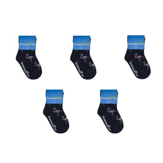 Flamingo Socks - Toddler Crew Sock - Pink on Navy - 5 Pairs - SummerTies