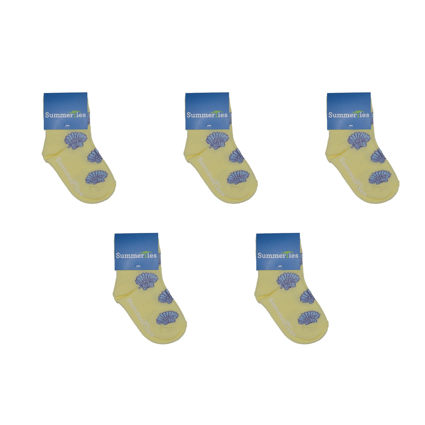 Sea Shell Socks - Toddler Crew Sock - Blue on Yellow - 5 Pairs - SummerTies