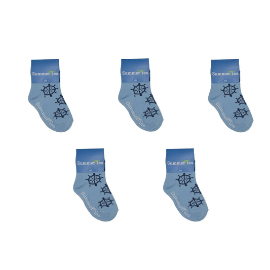 Ship Wheel Socks - Toddler Crew Sock - Navy on Blue - 5 Pairs - SummerTies