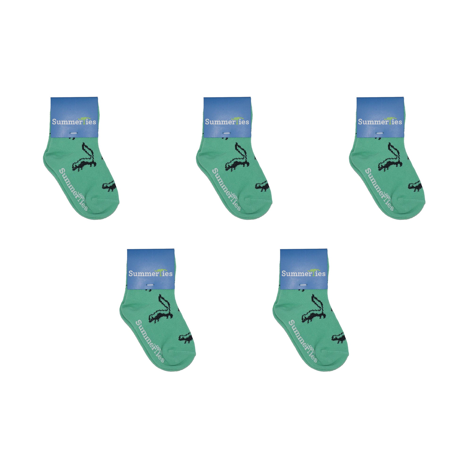 Skunk Socks - Toddler Crew Sock - Black on Green - 5 Pairs - SummerTies