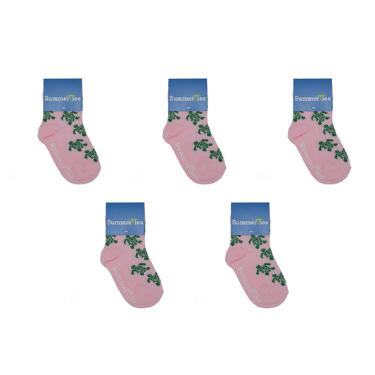 Turtle Socks - Toddler Crew Sock - Green on Pink - 5 Pairs - SummerTies