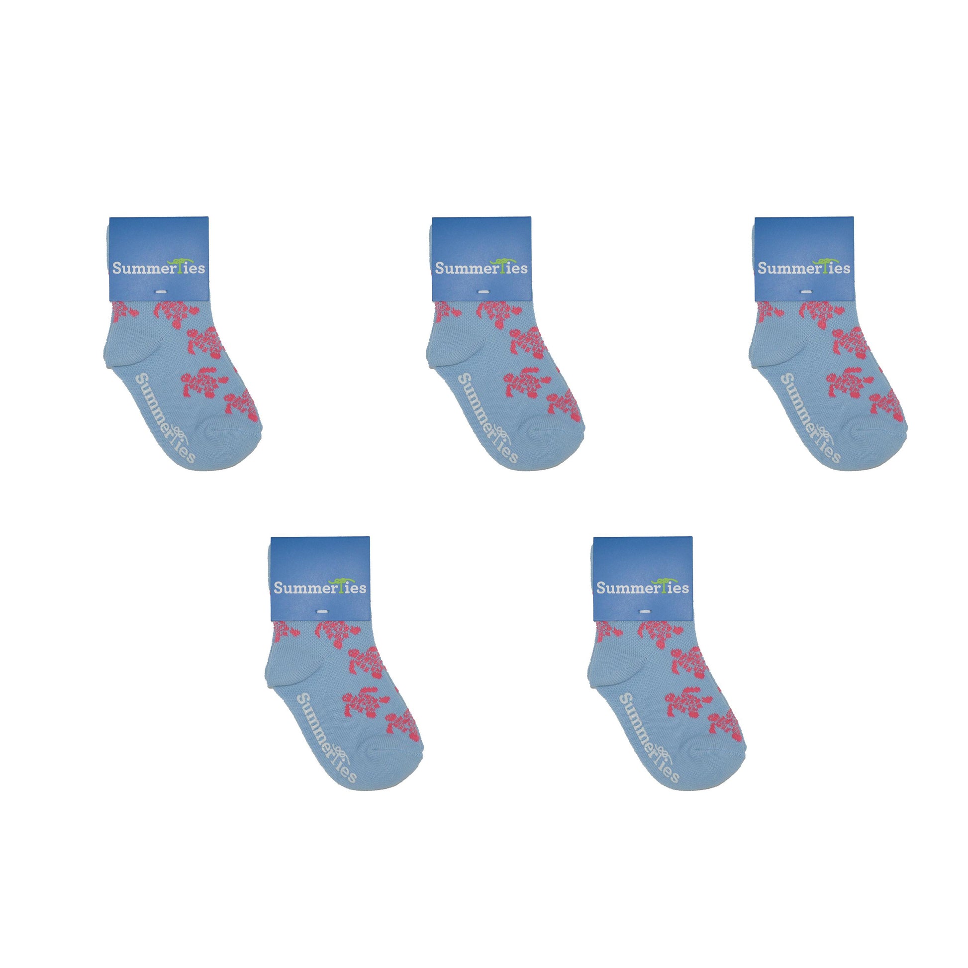 Turtle Socks - Toddler Crew Sock - Pink on Light Blue - 5 Pairs - SummerTies