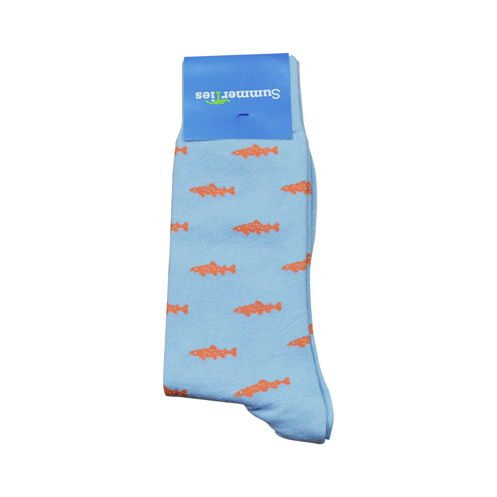 Trout Socks - Orange on Light Blue - Men's Mid Calf - SummerTies
