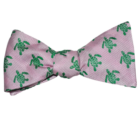 Turtle Bow Tie - Green on Pink, Woven Silk - SummerTies