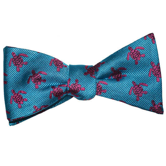 Turtle Bow Tie - Pink on Blue, Woven Silk - SummerTies