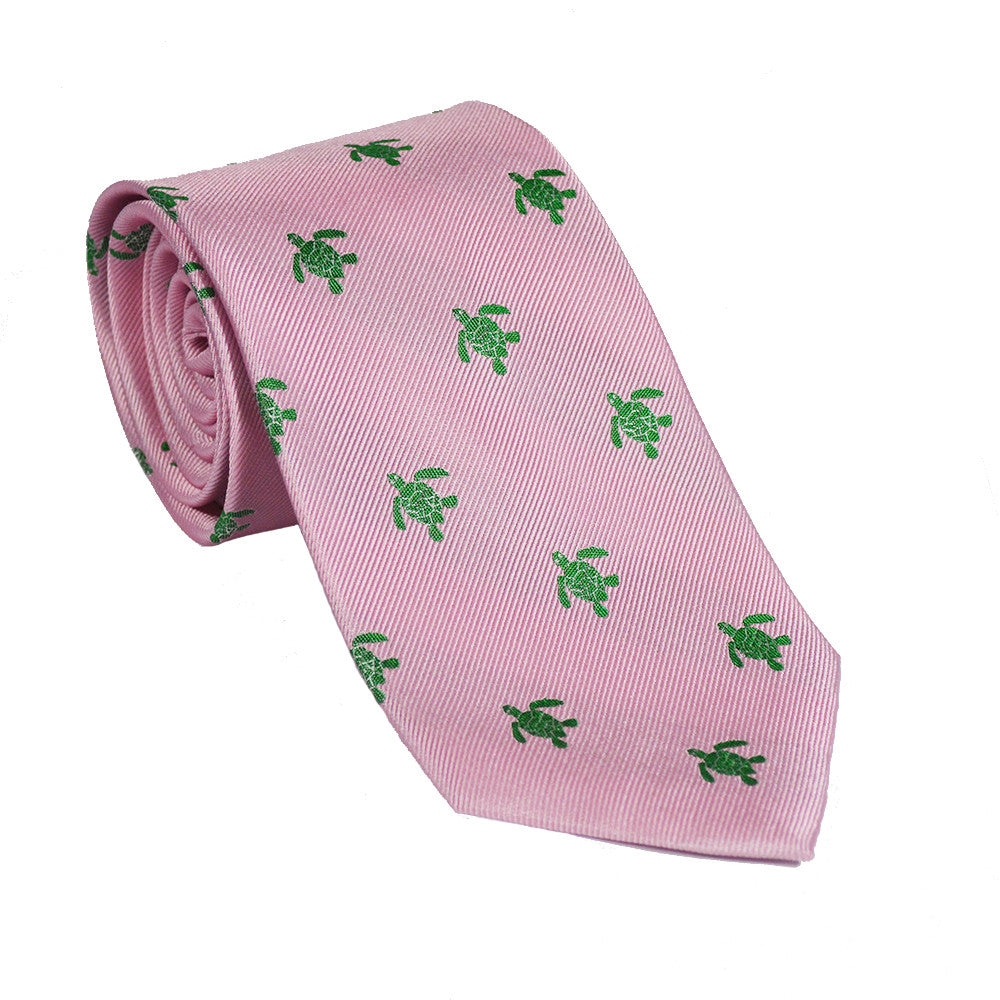 Turtle Necktie - Green on Pink, Woven Silk - SummerTies