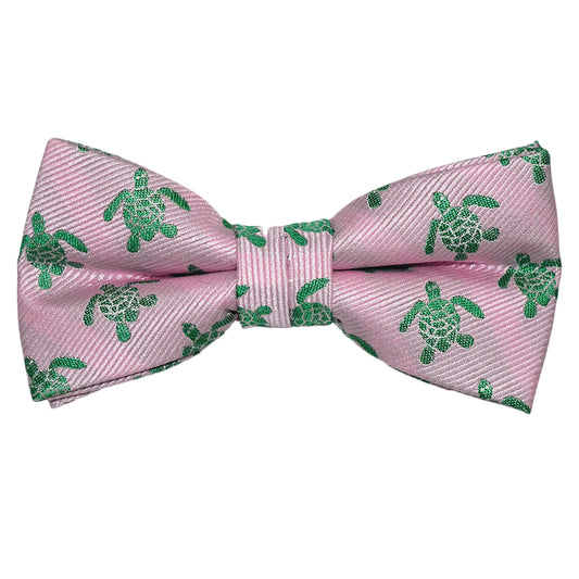 Turtle Bow Tie - Green on Pink, Woven Silk, Pre-Tied for Kids - SummerTies