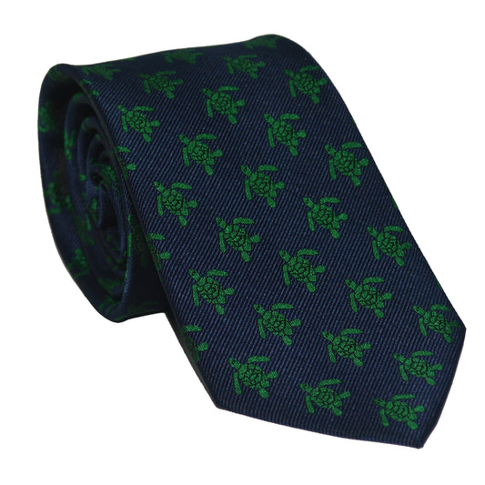 Turtle Necktie - Green on Navy, Woven Silk - SummerTies