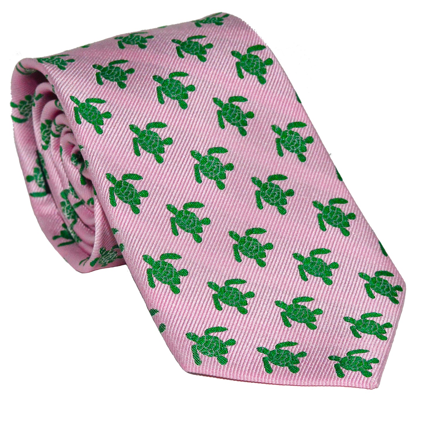 Turtle Necktie - Green on Pink, Woven Silk - SummerTies