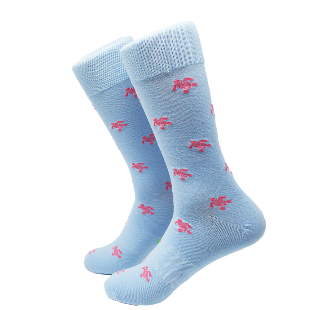Turtle Socks - Men's Mid Calf - Pink on Blue - SummerTies