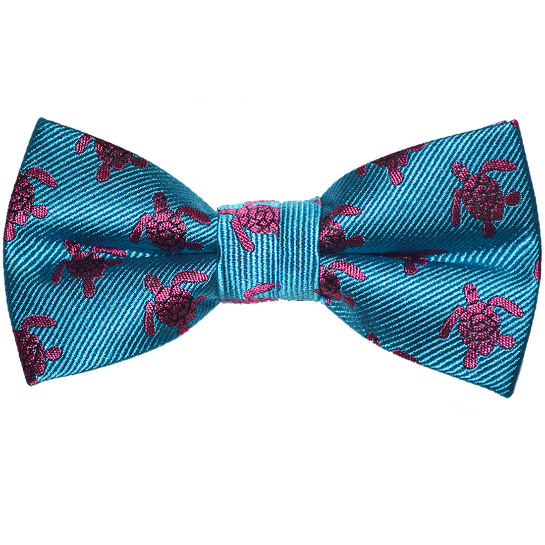 Turtle Bow Tie - Pink on Blue, Woven Silk, Pre-Tied for Kids - SummerTies