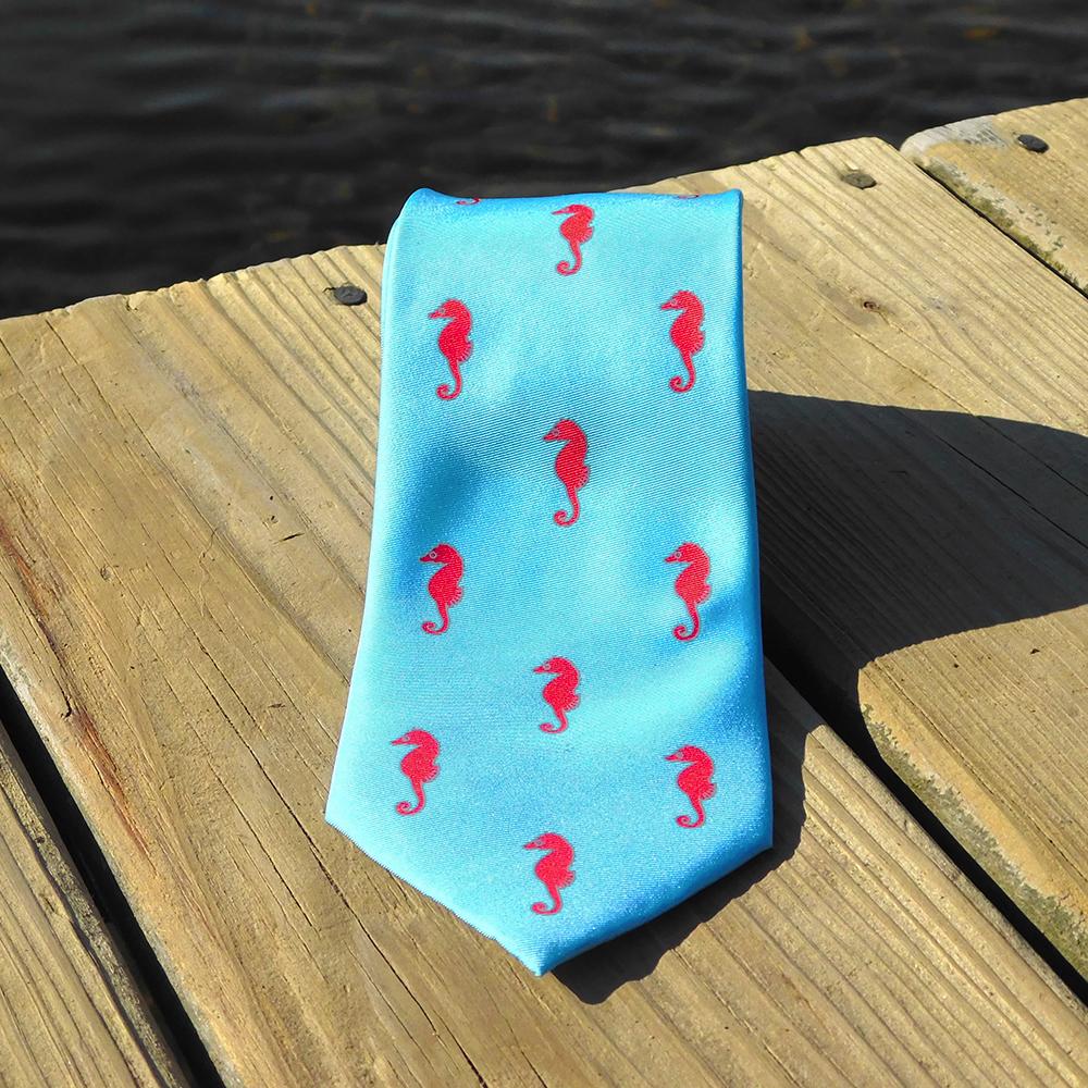 Seahorse Necktie - Blue, Printed Silk - SummerTies