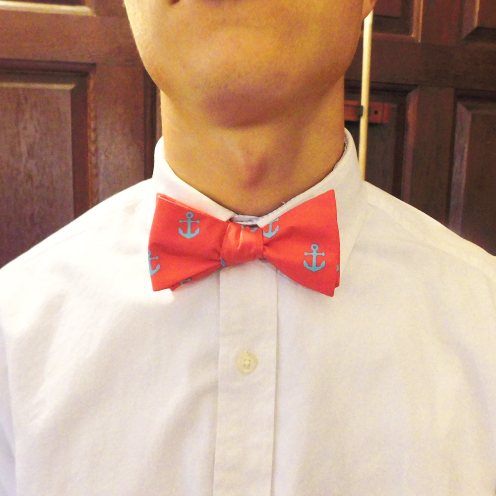 Anchor Bow Tie - Light Blue on Coral, Printed Silk - SummerTies
