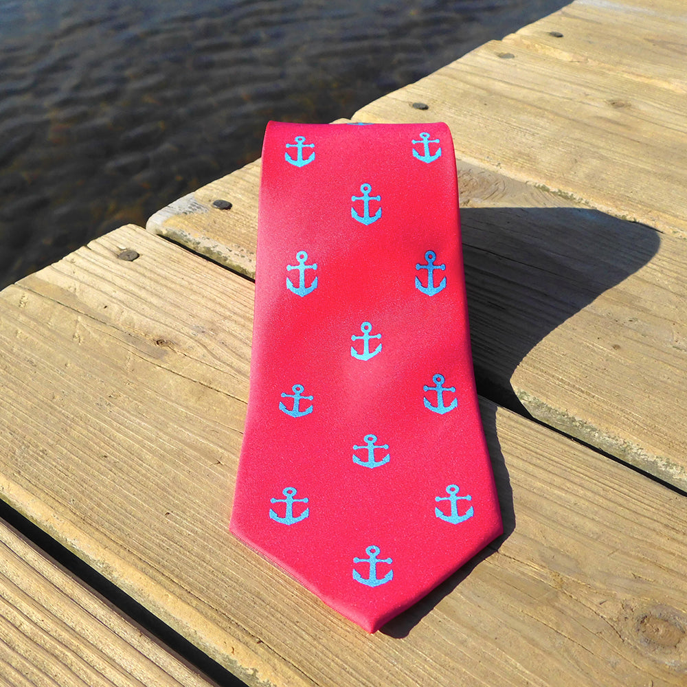 Anchor Necktie - Light Blue on Coral, Printed Silk - SummerTies