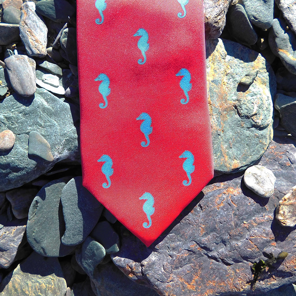 Seahorse Necktie - Coral Pink, Printed Silk - SummerTies