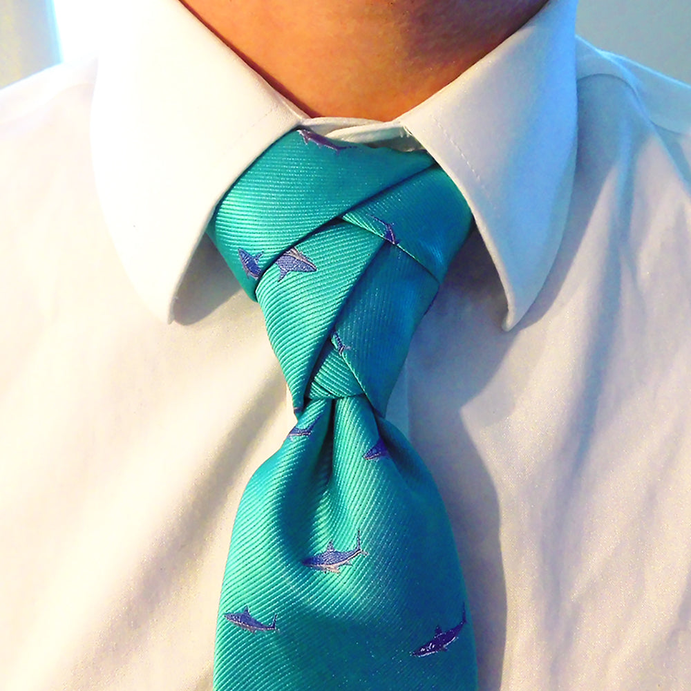 Shark Necktie - Blue on Aqua, Woven Silk - SummerTies