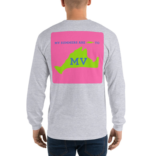 My Summers are Tied to Martha's Vineyard Blue and Green with Pink Block Long Sleeve T-Shirt - Multiple Colors - SummerTies