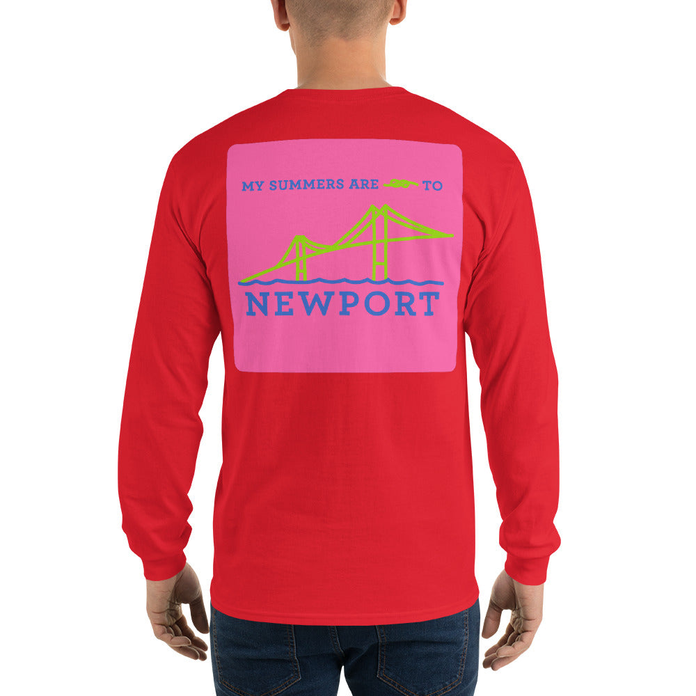 My Summers are Tied to Newport Bridge Blue and Green on Pink Block Long Sleeve T-Shirt - Multiple Colors - SummerTies