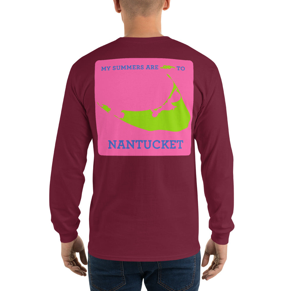 My Summers are Tied to Nantucket Blue and Green with Pink Block Long Sleeve T-Shirt - Multiple Colors - SummerTies