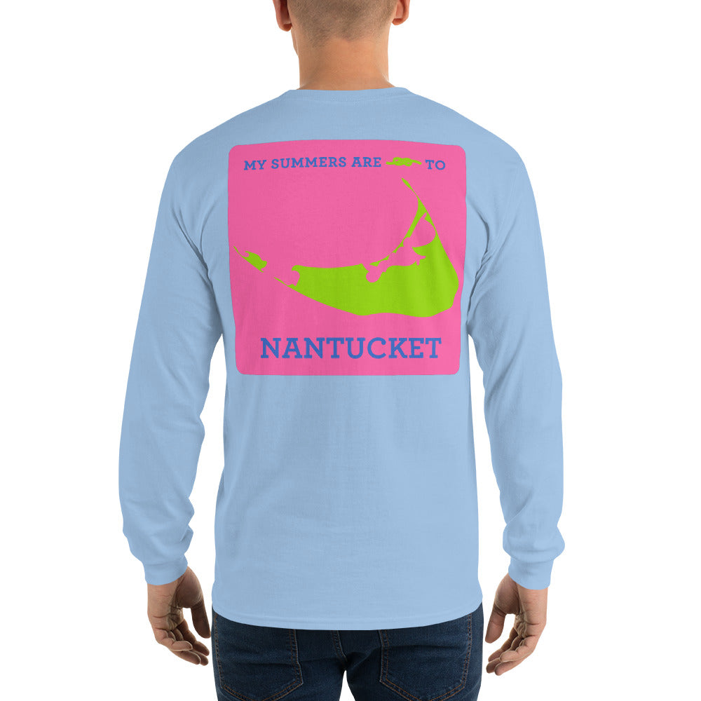 My Summers are Tied to Nantucket Blue and Green with Pink Block Long Sleeve T-Shirt - Multiple Colors - SummerTies