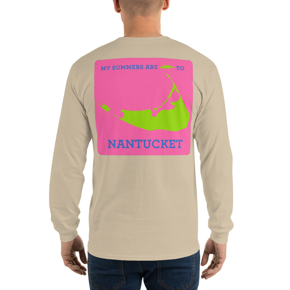 My Summers are Tied to Nantucket Blue and Green with Pink Block Long Sleeve T-Shirt - Multiple Colors - SummerTies