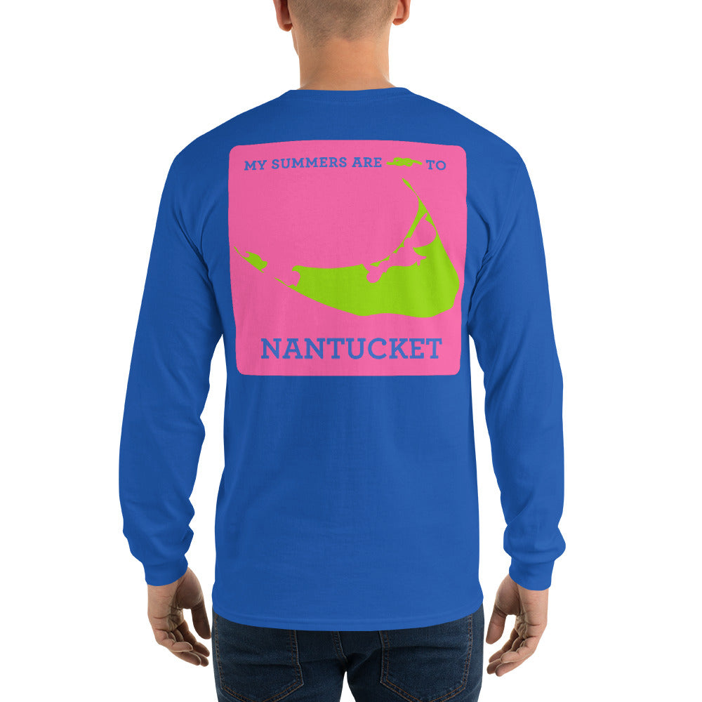 My Summers are Tied to Nantucket Blue and Green with Pink Block Long Sleeve T-Shirt - Multiple Colors - SummerTies