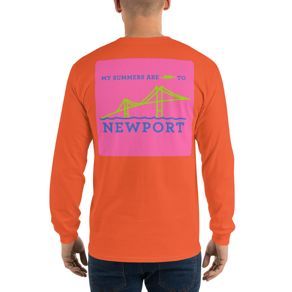 My Summers are Tied to Newport Bridge Blue and Green on Pink Block Long Sleeve T-Shirt - Multiple Colors - SummerTies